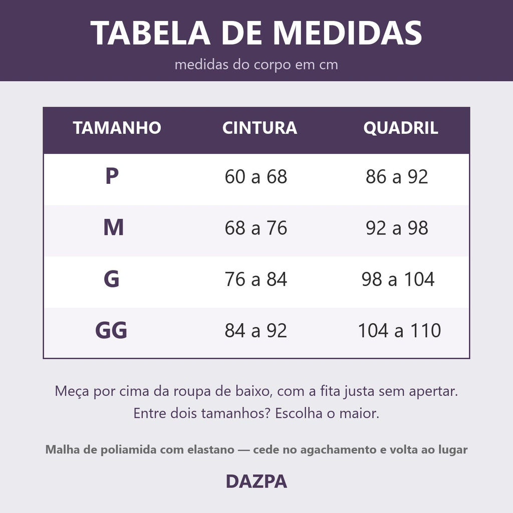 Tabela de medidas Dazpa