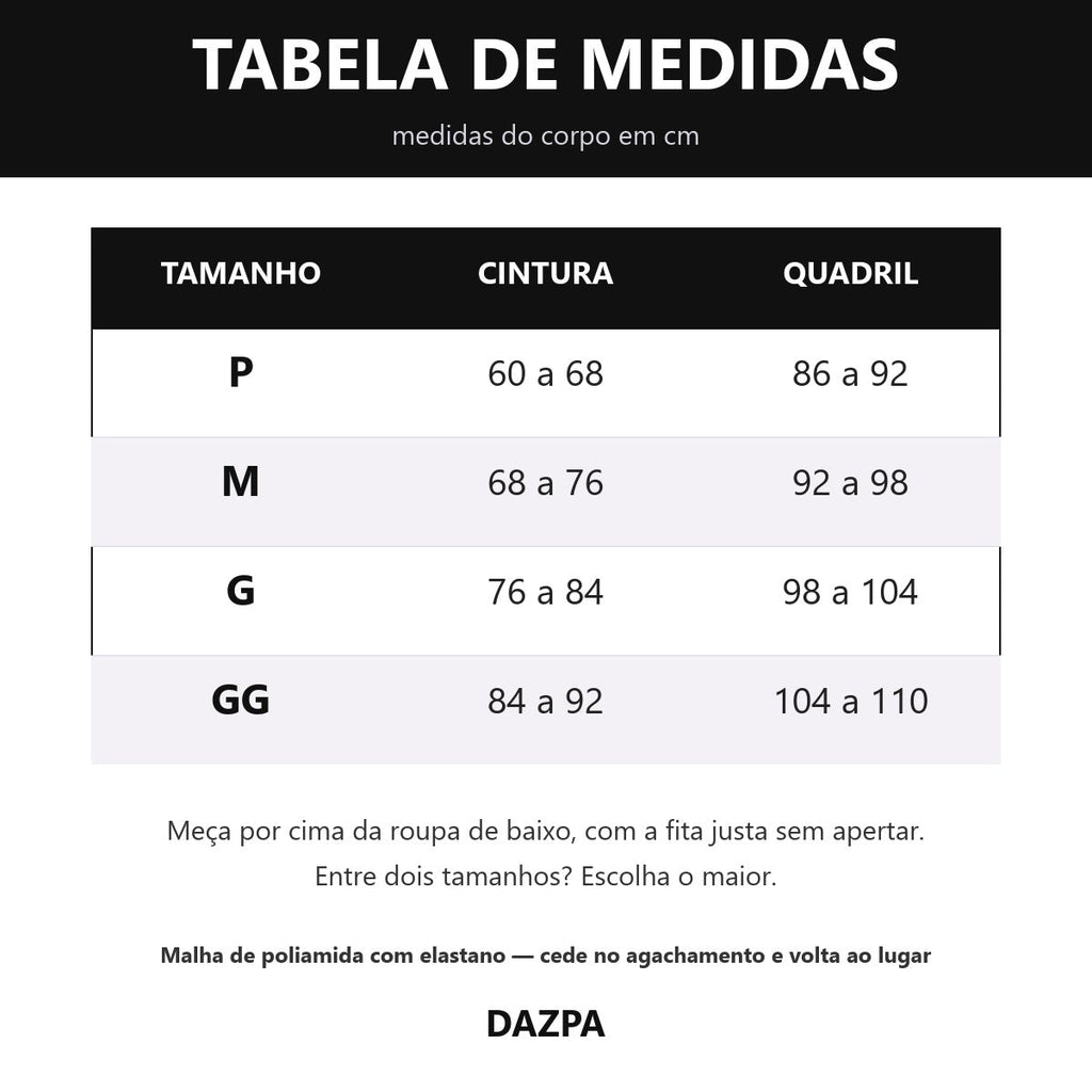 Tabela de medidas Dazpa